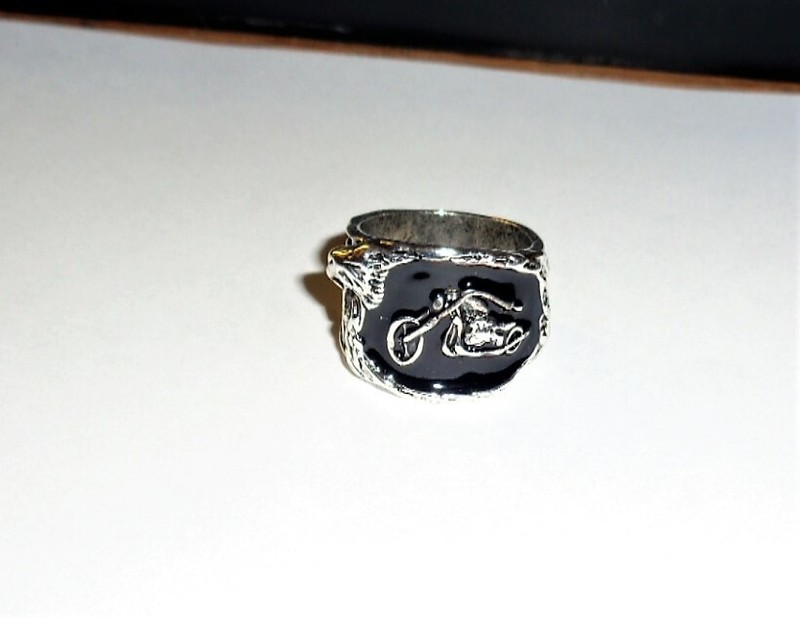 Cool Black enamel around a Tibetan silver motor cycle ring. size 7