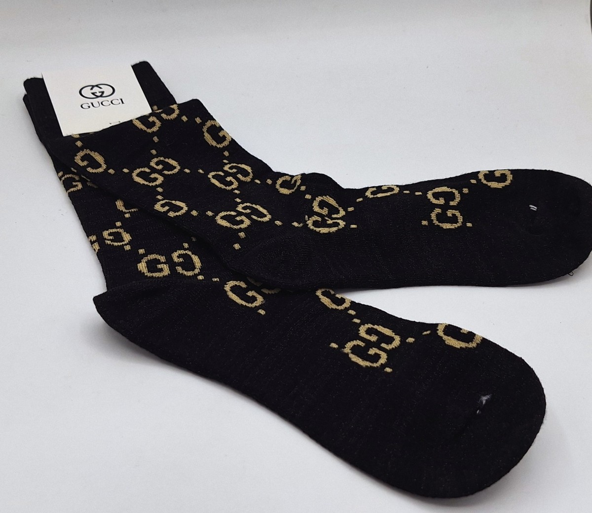 Gucci GG Logo Glitter Socks Black Gold Regular Crew Sparkley 