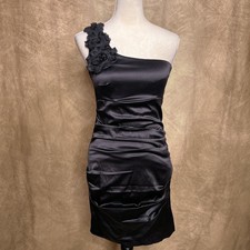 Vintage Y2K Ruby Rox One Shoulder Black Satin Pleated Floral Strap Formal Dress
