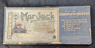 ANTIQUE 1923 CHINESE TILE GAME ''MAR JUCK'' SPARROW MAH JONG BONE DICE COMPLETE