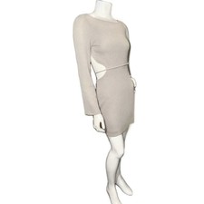 👜👢 LE LIS Ribbed Knit Sweater Mini Dress | Taupe Tan Belted Bell Sleeve | XS