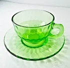 Uranium Glass Vintage Tea Cup Saucer Set Green Depression Glass Raindrop Federal