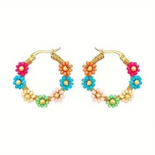 Bohemian Beaded Flower Decor Hoop Earrings Fashion Jewelry Women Girls Gift New