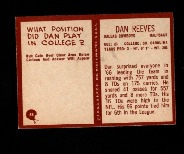 8052* 1967 Philadelphia # 58 Dan Reeves RC Ex-Mt - Image 2 of 2