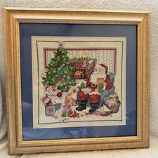 Handmade Christmas Santa Claus Cross-Stitch Needlepoint Large Gold Frame 19x 19