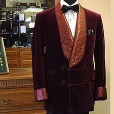 Men's Burgundy Velvet Quilted Smoking Jacket Evening Party Host Wear Blazer