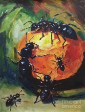 new  hand made Painting on 12"*15"canvas ANTS WORK ON A ORANGE FRUIT by Wendy