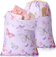 Blosssound 2 Pcs Butterfly Drawstring Gift Bags with Tags 28 Inch purple 