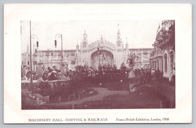 Maschinenhalle Schifffahrtseisenbahnen französisch-britische Ausstellung 1908 Sepia Postkarte