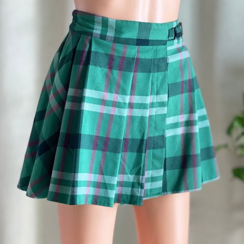 Urban Outfitters Green Plaid Pleated Mini Skirt Buckle Wrap Grunge Punk Size S