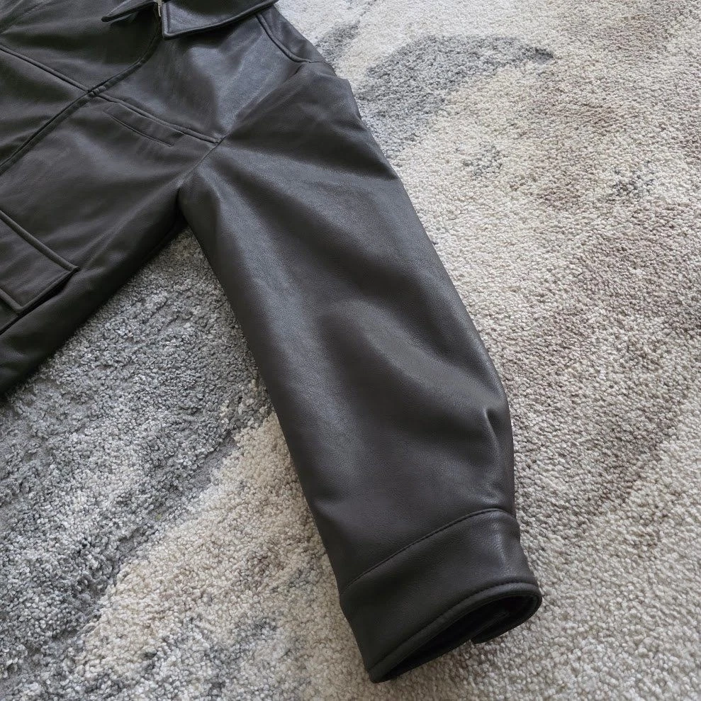 Topman Mens Dark Brown Faux Vegan Leather Trucker Jacket Size S Quilted Lined - product detail image 14