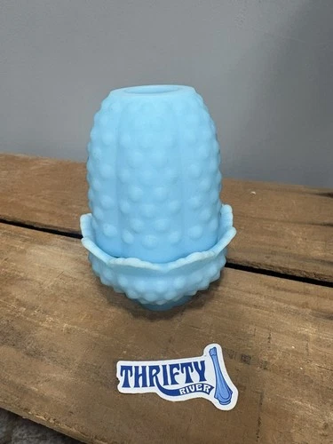 Vintage Fairy Lamp Fenton Blue Satin Matte Glass Hobnail Milk Glass 4 3/4"