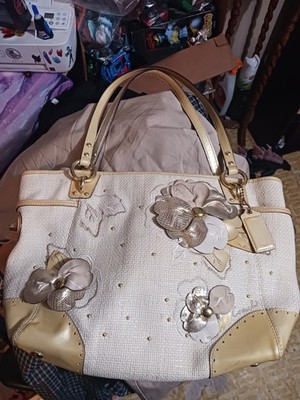 Coach Khaki Metallic Gold  Straw Leather Trim 3D Flower Tote Shoulder Bag. 