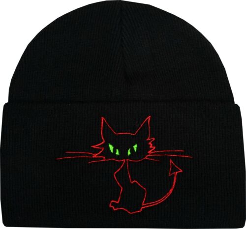 Devil Cat Kitty Beanie Hat Embroidered Gothic Alternative Halloween - Picture 1 of 2