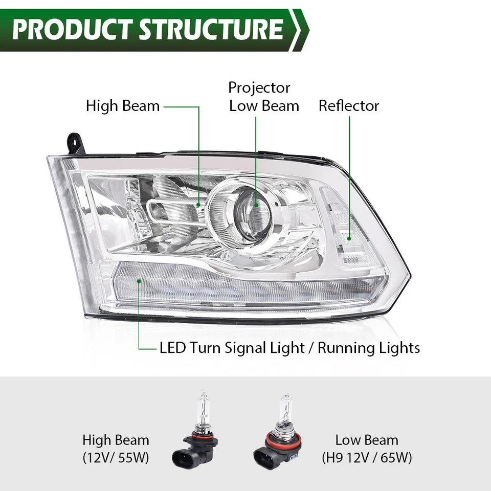 Fit For 09-18 Dodge Ram 1500 2500 3500 Clear Projector Headlights w/LED DRL - Image 3 of 4