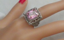 STERLING FILIGREE RING W, FACETED PINK CRYSTAL STONE RING SIZE 7