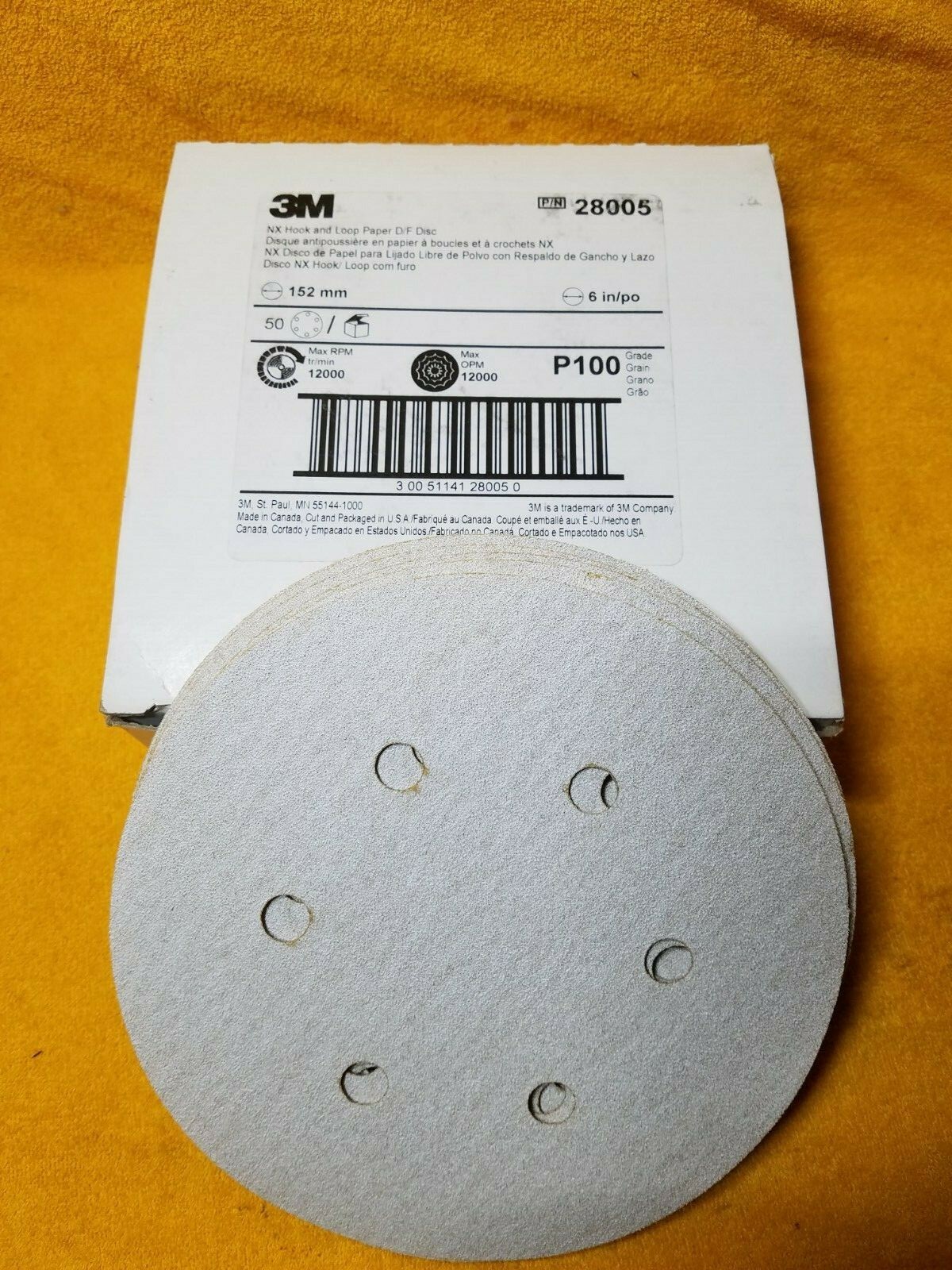 3M NX Hook and Loop Paper Disc, 6" in Grade P100 (50) Count Box 6 hole