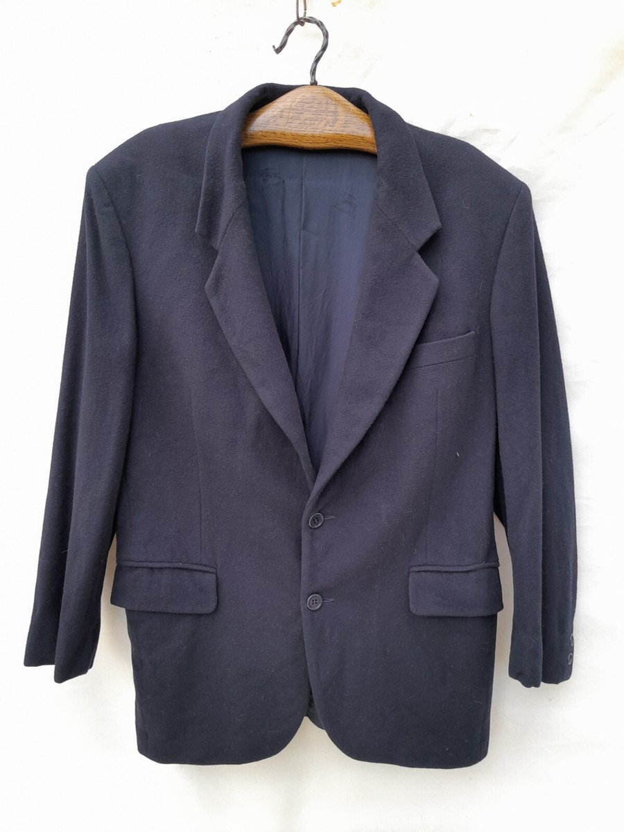 Vintage Burberry Blazer Jacket Mens L Navy Wool Cashmere Boxy Made 