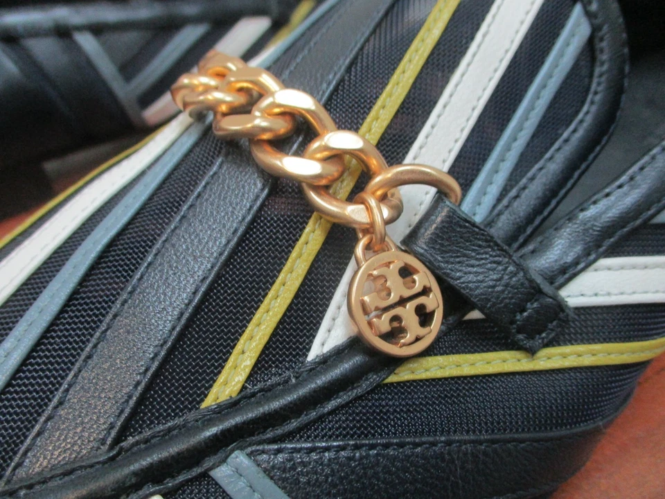 Zapatos Mocasines Tory Burch Jessa 11M Para Hombres Azul Malla Rayas Cuero Sin Cordones Planos Foto 3 de 4