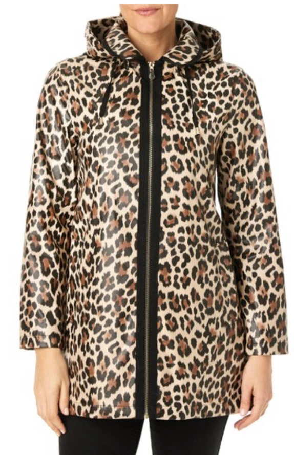 Cappotto giacca antipioggia Kate Spade marrone leopardato A Line con cappuccio S nuovo con etichette $238