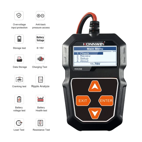 KONNWEI KW208 Car Battery Tester 12V 100-2000CCA Cranking Charging Circut Tester