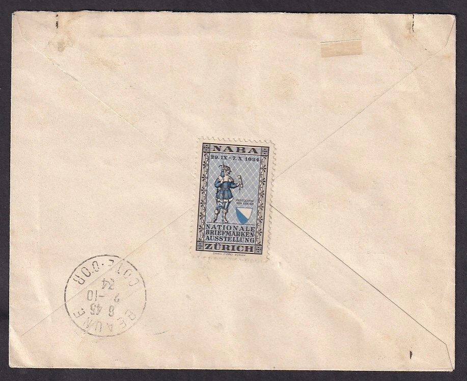 Switzerland 1934 MI Bloc 1 NABA R-cover to Beaune / CAT VALUE $800+ - Image 2 of 2