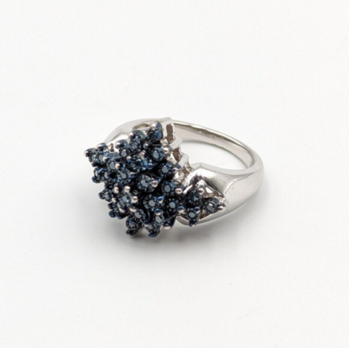 JTV Sterling Silver 925 Blue Velvet Diamond Cluster Illusion Setting Ring Sz 8