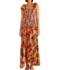 NWT! Farm Rio Mango Trees Pink Midi Womens Dress Smocked Sleeveless Size: S $245