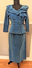 Vintage 1950s Daryl of St Louis Blue Velvet Skirt Suit Jacket Ruff Collar XS