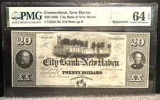 1860s NEW HAVEN, CONNECTICUT $20 OBSOLETE CITY BANK NOTE PMG CHOICE UNC 64 EPQ