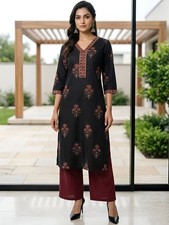 Indian Women Bollywood Black Cotton Ethnic Motifs Print Kurta Kurti Tunic Dress