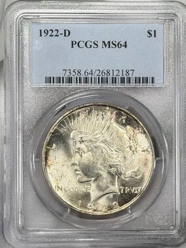 1922-D $1 Peace Silver Dollar PCGS MS64 90% Silver Denver US Coin BETTER DATE!