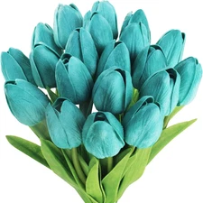 20 Pcs Artificial Turquoise Tulip Flowers Faux Tulip Stems PU Real Touch Tulips 