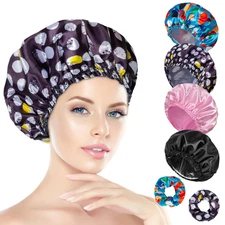 Shower Cap for Women Set of 4, Bath Caps, Double Layers Hair Caps + 2 Satin Hair