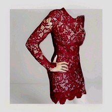 Olivaceous Red Floral Paisley Cord Lace Cocktail Dress Scalloped Sleeved - Small