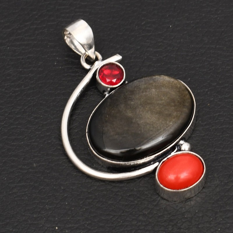 Silver Sheen Obsidian Coral Gemstone Handmade Pendant Jewelry 2.08" AP-37796