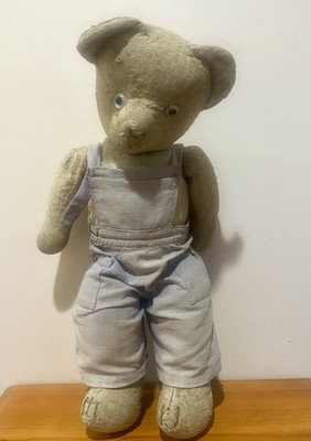 Antique Vintage  17  Tall Teddy Bear Mohair Stuffed In Overalls Rare Old