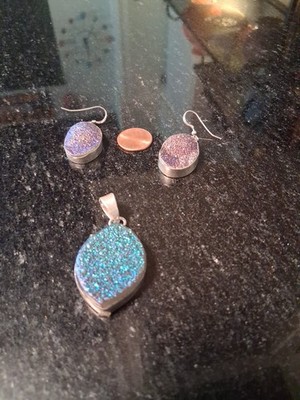  Iridescent Blue Aura Druzy 925 Sterling Silver Set 28.5g Pendant/Earrings