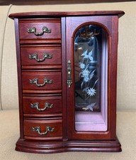 Armario de mesa de caoba para joyería caja de almacenamiento puerta de vidrio grabado 5 cajones