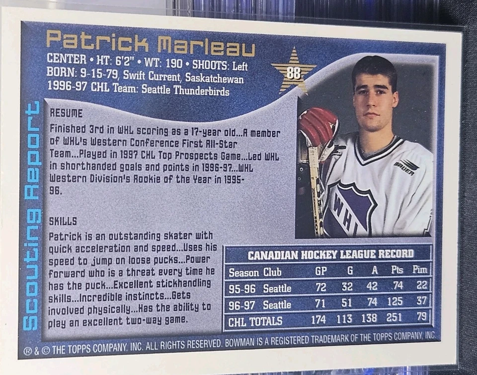 97-98 Bowman Patrick Marleau CHL Stars Rookie 🚨🚨🚨 San Jose Sharks - Image 2 of 2