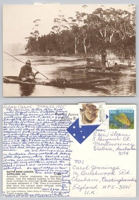 c43796 Native Bark Canoes Gippsland Victoria Australien Postkarte 1985 Briefmarke