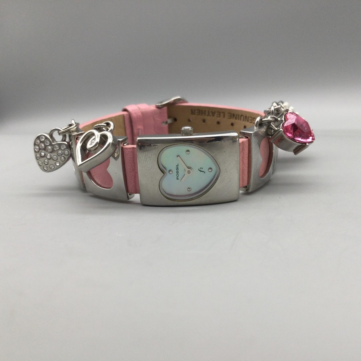 10/$20 Fossil F2 ES9901 Silver/Pink/MOP Rhinestone Leather Women\'s Watch w/Date Fossil F2 Womens Watch 12mm Pink Heart Dial Charms Leather  main image 3