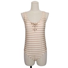 NWOT Rylee  Cru Womens One-Piece Ribbed Lace-Up Amber Stripe Swimsuit Sz Medium