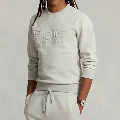 Polo Ralph Lauren GRIGIO HEATHER doppia maglia felpa goffrata uomo L PONY nuova con etichetta