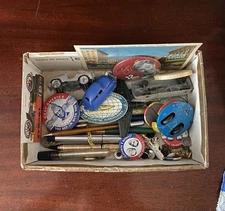 Vintage Estate JUNK DRAWER Lot Pins Cufflinks Metals Pens Postcard Toys Buttons