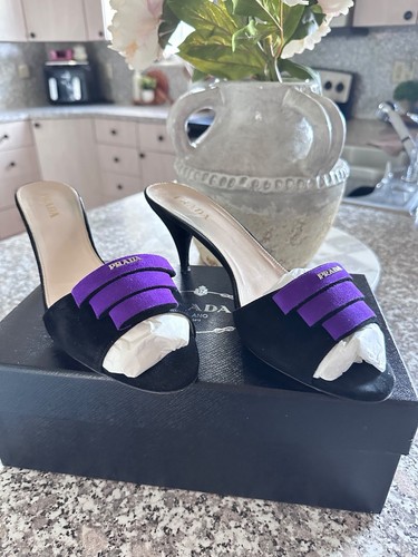 Prada Vintage Black Purple Suede Logo Heeled Mules Sandals Size W 40.5