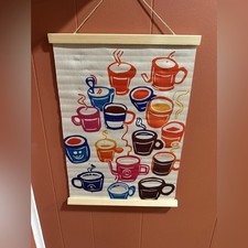 Colorful Coffee Tea Mug Cup Canvas Wall Art Hanging Wood Frame Kitchen Decor