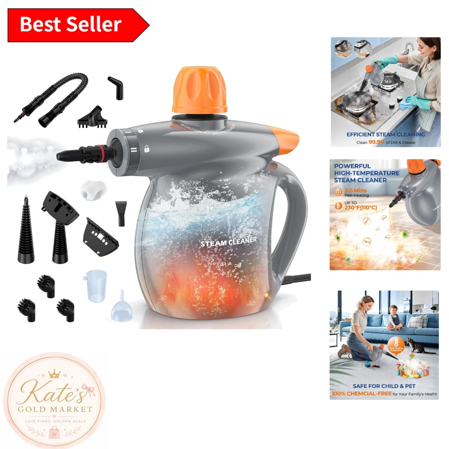 Versatile Pressurized Steam Cleaner - 350ml Tank, Chemical-Free, Safe for Kids