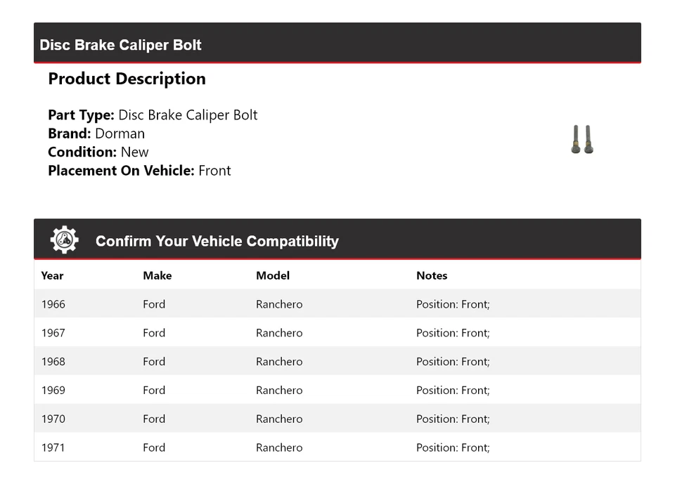 Pinza de freno de disco delantera para Ford Ranchero Dorman 1966-1971 perno 1967 1968 1969 Foto 2 de 4