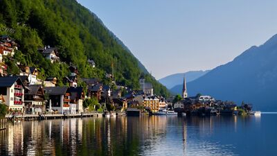 Landscape hallstatt alps clear sky house building forest Custom Gaming Mat Desk